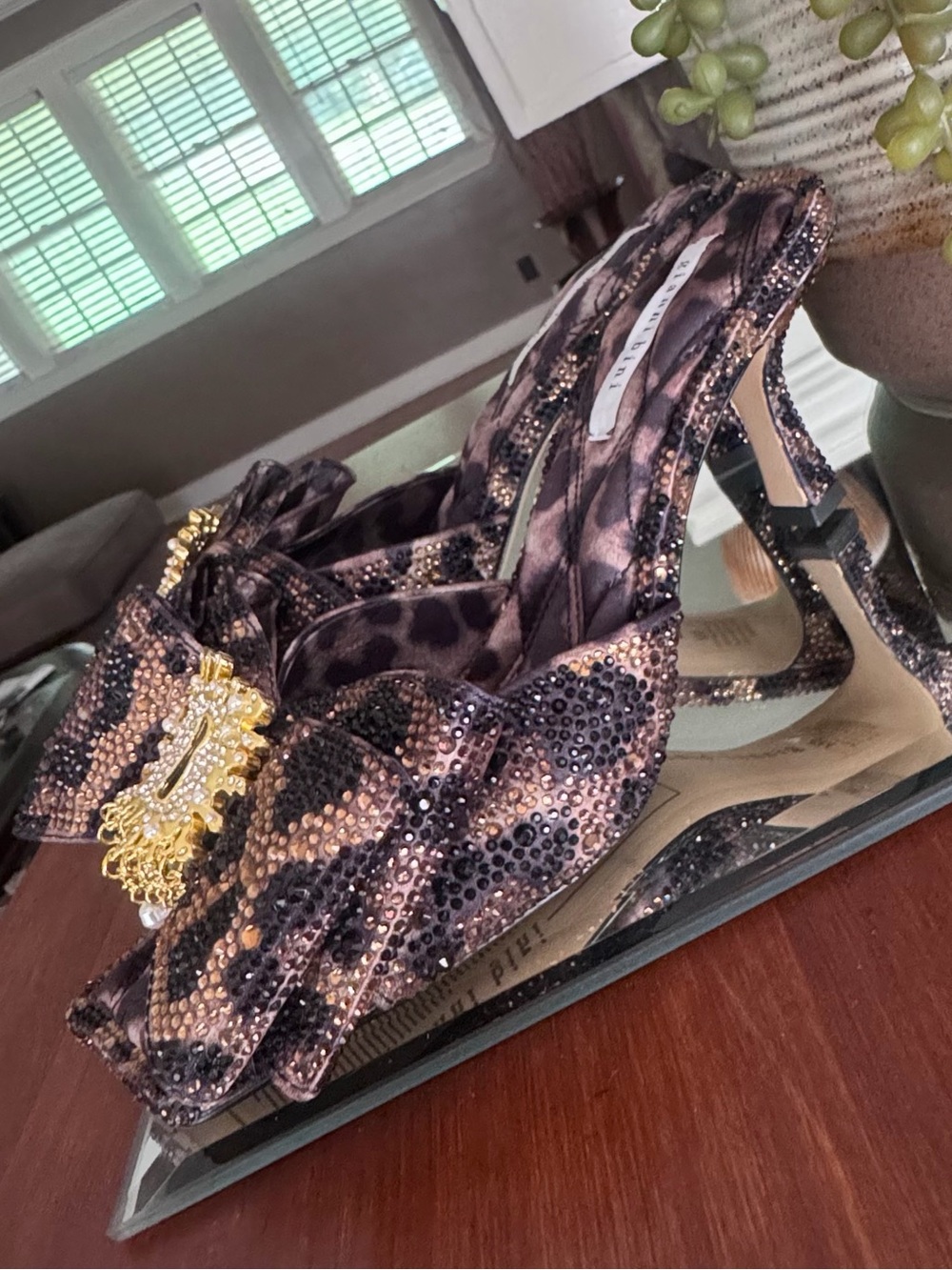 Gianni Bini Leopard Print Crystal-Embellished Slingback Heels in Black and Gold - Picture 4 of 6